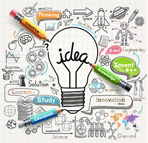 Illustration of light bulb with "idea" written as the filament, doodles all around light bulb, and three pencils in yellow, green and blue with the words creative, knowledge, education