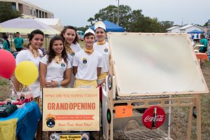 Team Sabores Grill (three female and two male students) stand along side their solar cooker, which incorporates the lens from a TV mounted on a stand.