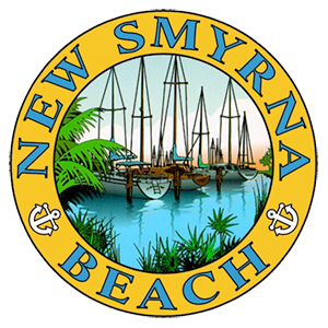 New Smyrna Beach seal. In center of seal are boats without sails sitting in water, with palm leaves on edges.