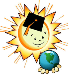 EnergyWhiz sun logo holding Earth in it's hands.