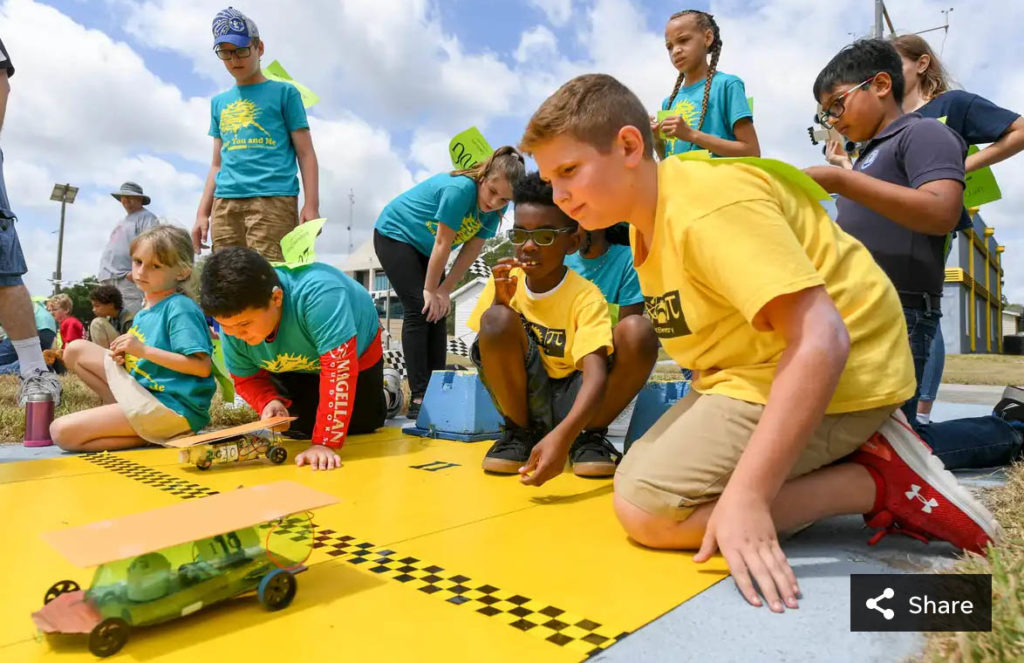 Students racing Junior Solar Sprint Cars at EnergyWhiz. Photo by Craig Bailey, Florida Today.